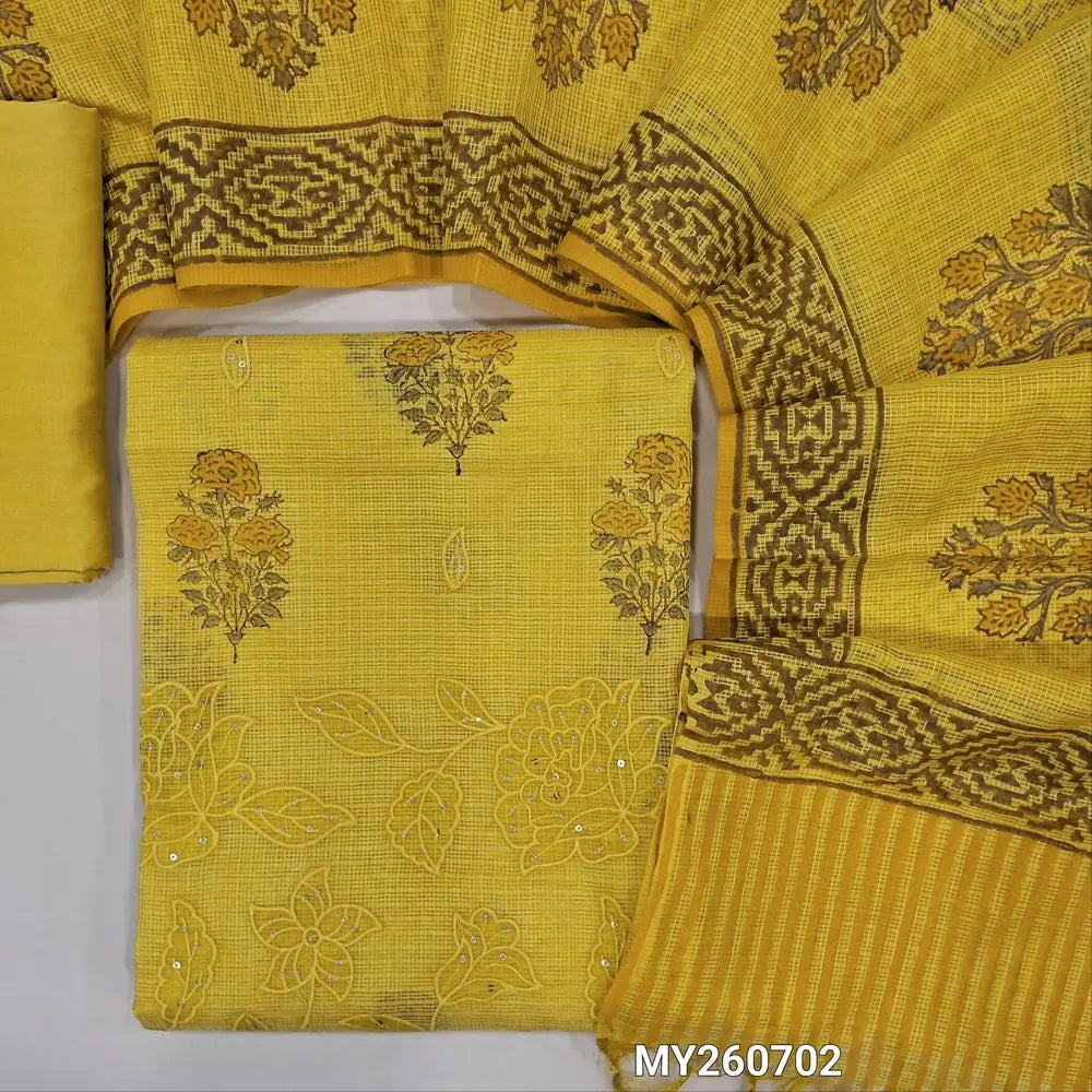 Bright mehandhi yellow hand block printed premium kota unstitched salwar material, applique work, thread embroidery and sequins work on daman,(Lining Needed)silky bottom, hand block printed kota dupatta(TAPPING NEEDED). MY260702