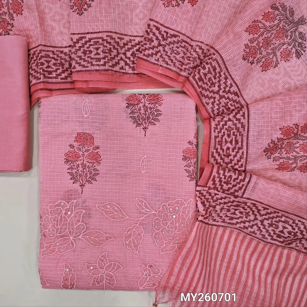 Pastel pink hand block printed premium kota unstitched salwar material, applique work, thread embroidery and sequins work on daman,(Lining Needed)silky bottom, hand block printed kota dupatta(TAPPING NEEDED). MY260701
