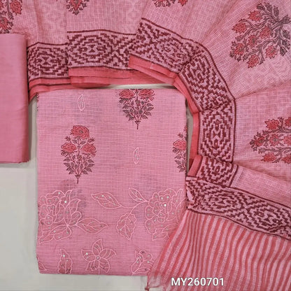 Pastel pink hand block printed premium kota unstitched salwar material, applique work, thread embroidery and sequins work on daman,(Lining Needed)silky bottom, hand block printed kota dupatta(TAPPING NEEDED). MY260701