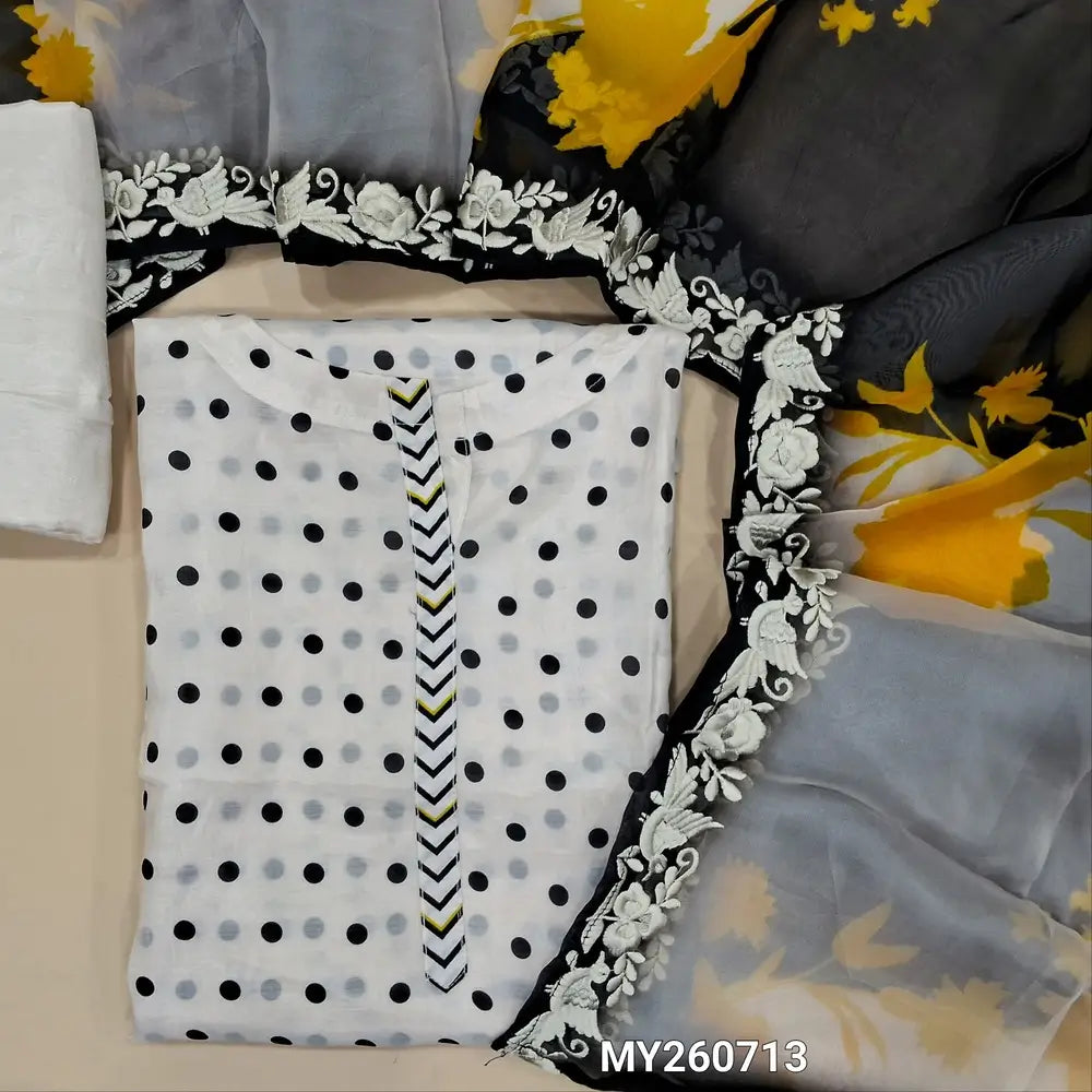 Half white pure muslin silk unstitched salwar material,round neck on yoke,cut,crochet lace work & bead detaling on daman,polka dots all over (shiny,lining needed) santoon bottom, floral printed on pure organza dupatta with embroidery borders. MY260713