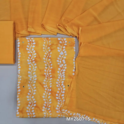 Bright mango yellow wax batik dyed soft cotton unstitched salwar material( lining optional)faux mirror work all over,matching cotton fabric provided for lining , NO BOTTOM,fancy chiffon dupatta. MY260715