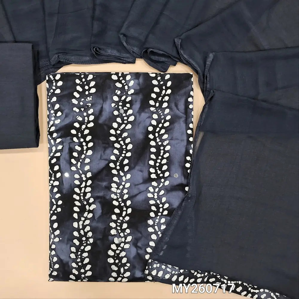 Light grey wax batik dyed soft cotton unstitched salwar material( lining optional)faux mirror work all over,matching cotton fabric provided for lining , NO BOTTOM,fancy chiffon dupatta. MY260717