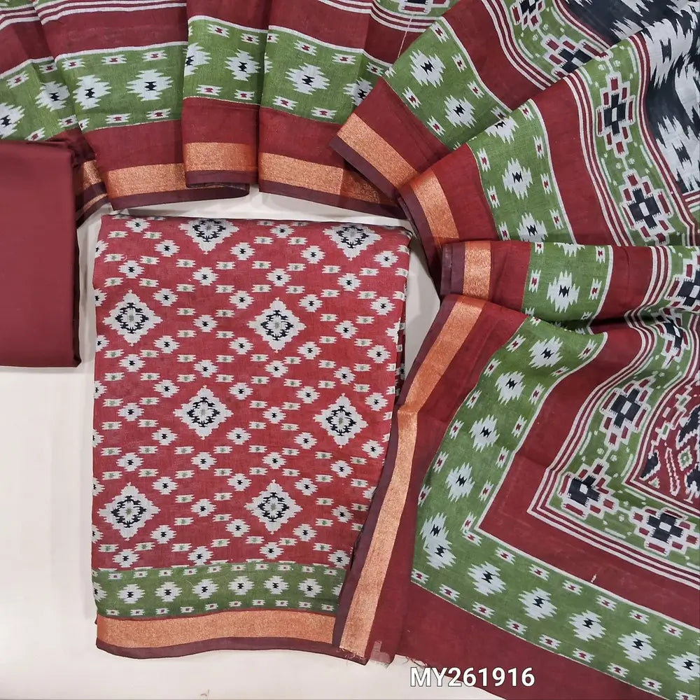 Maroon soft silk cotton unstitched salwar material, patola printed all over ( Lining Needed) matching spun cotton bottom, digital printed soft silk cotton full length dupatta (TAPINGS NEEDED). MY261916