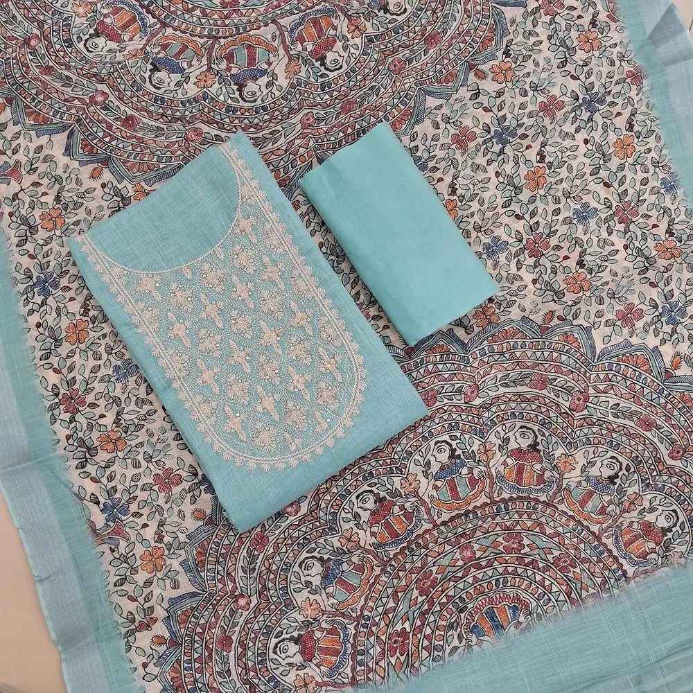 Pastel blue premium semi linen unstitched salwar material,rich embroidery work on yoke,( textured,lining optional)matching santoom bottom,madhubani printed semi linen dupatta with silver tissue pallu. MY260807