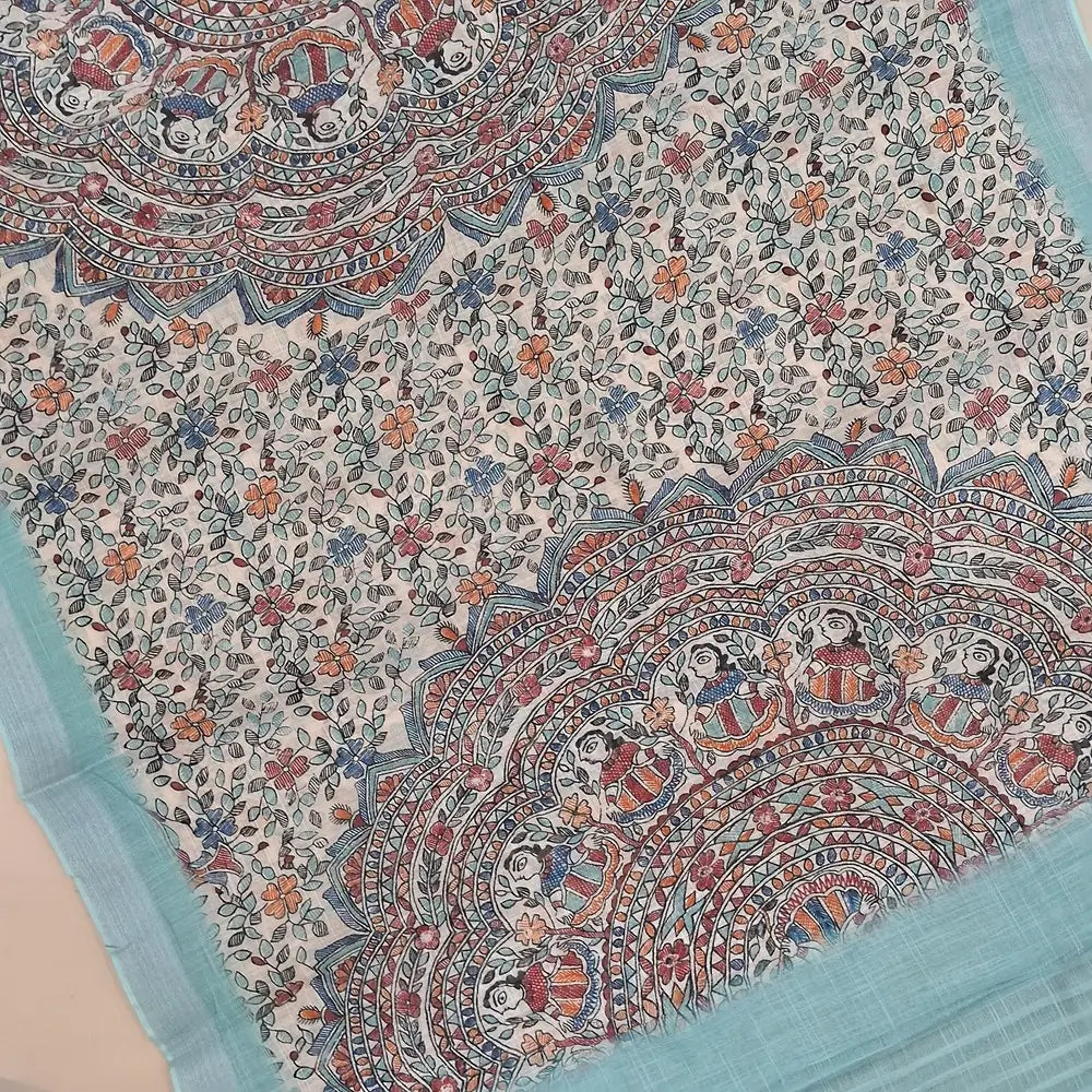 Pastel blue premium semi linen unstitched salwar material,rich embroidery work on yoke,( textured,lining optional)matching santoom bottom,madhubani printed semi linen dupatta with silver tissue pallu. MY260807