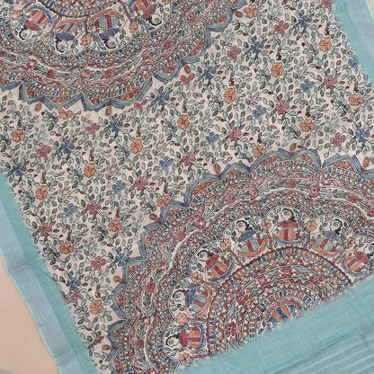 Pastel blue premium semi linen unstitched salwar material,rich embroidery work on yoke,( textured,lining optional)matching santoom bottom,madhubani printed semi linen dupatta with silver tissue pallu. MY260807