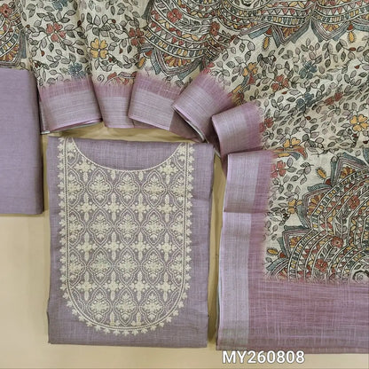 Lavender shade premium semi linen unstitched salwar material,rich embroidery work on yoke,( textured,lining optional)matching santoom bottom,madhubani printed semi linen dupatta with silver tissue pallu. MY260808