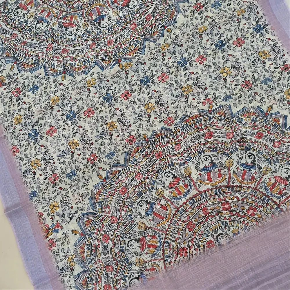 Lavender shade premium semi linen unstitched salwar material,rich embroidery work on yoke,( textured,lining optional)matching santoom bottom,madhubani printed semi linen dupatta with silver tissue pallu. MY260808