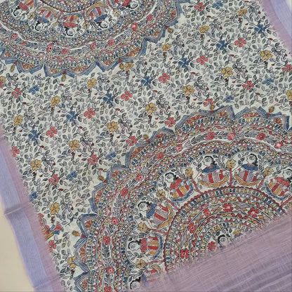 Lavender shade premium semi linen unstitched salwar material,rich embroidery work on yoke,( textured,lining optional)matching santoom bottom,madhubani printed semi linen dupatta with silver tissue pallu. MY260808
