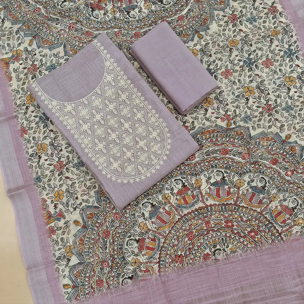 Lavender shade premium semi linen unstitched salwar material,rich embroidery work on yoke,( textured,lining optional)matching santoom bottom,madhubani printed semi linen dupatta with silver tissue pallu. MY260808