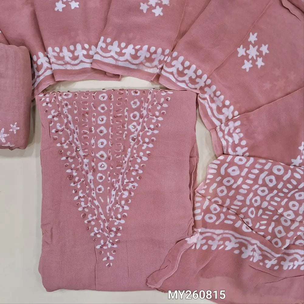 Pastel pink wax batik pure crepe georgette unstitched salwar material,thread embroidery and sequins on yoke, (lining needed) batik dyed santoon bottom,wax batik design on full length crepe Georgette dupatta (TAPPING NEEDED). MY260815