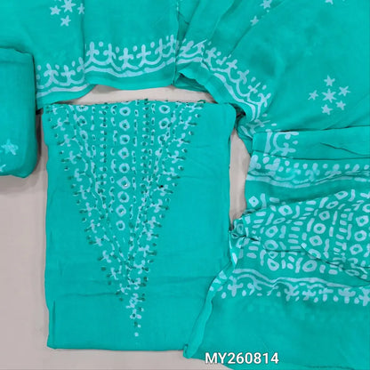 Pastel blue wax batik pure crepe georgette unstitched salwar material,thread embroidery and sequins on yoke, (lining needed) batik dyed santoon bottom,wax batik design on full length crepe Georgette dupatta (TAPPING NEEDED). MY260814