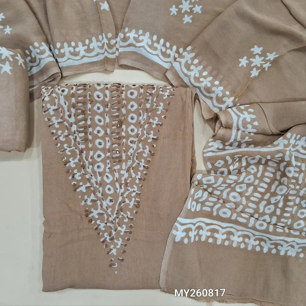 Chocolate brown wax batik pure crepe georgette unstitched salwar material,thread embroidery and sequins on yoke, (lining needed) batik dyed santoon bottom,wax batik design on full length crepe Georgette dupatta (TAPPING NEEDED). MY260817