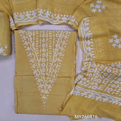 Sandal yellow wax batik pure crepe georgette unstitched salwar material,thread embroidery and sequins on yoke, (lining needed) batik dyed santoon bottom,wax batik design on full length crepe Georgette dupatta (TAPPING NEEDED). MY260816
