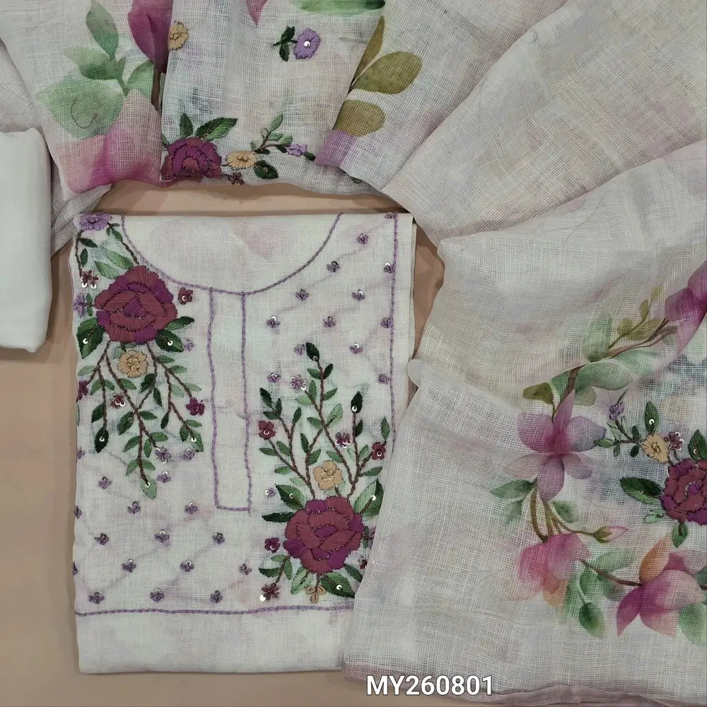 Half white base with pink tint designer pure linen unstitched salwar material, hand embroidered work on yoke,abstract printed all over,(lining needed) santoon bottom,floral printed hand embroidered on premium linen dupatta. MY260801