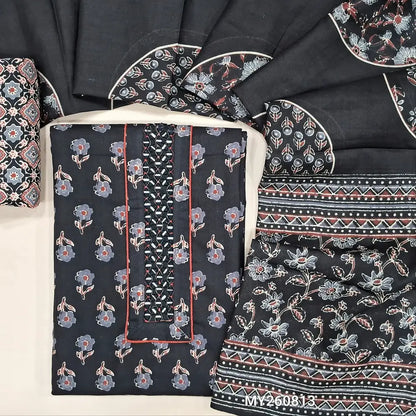 Black floral Printed pure soft cotton unstitched salwar material(lining optional) real mirror work on yoke, ajrak printed cotton bottom, printed mul cotton full length dupatta. MY260813