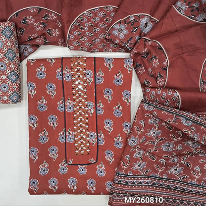 Maroon floral Printed pure soft cotton unstitched salwar material(lining optional) real mirror work on yoke, ajrak printed cotton bottom, printed mul cotton full length dupatta. MY260810