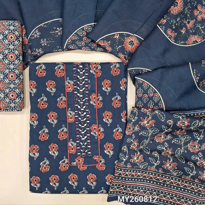 Dark blue floral Printed pure soft cotton unstitched salwar material(lining optional) real mirror work on yoke, ajrak printed cotton bottom, printed mul cotton full length dupatta. MY260812