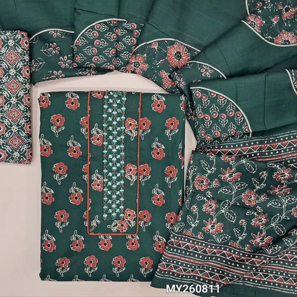 Dark green floral Printed pure soft cotton unstitched salwar material(lining optional) real mirror work on yoke, ajrak printed cotton bottom, printed mul cotton full length dupatta. MY260811
