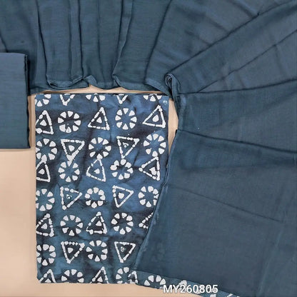 Blueish grey wax batik dyed pure soft cotton unstitched salwar material( lining optional)faux mirror work all over,matching cotton fabric provided for bottam,fancy chiffon dupatta. MY260805