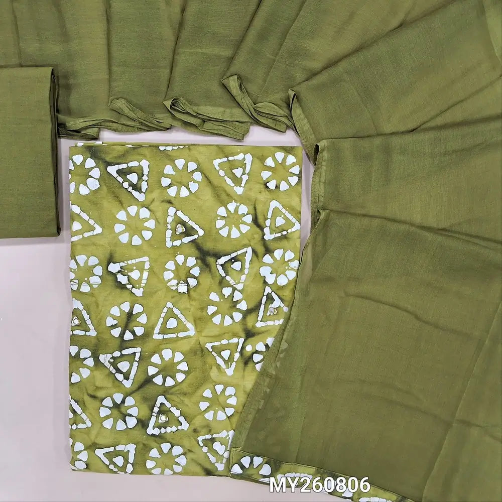 Olive green wax batik dyed pure soft cotton unstitched salwar material( lining optional)faux mirror work all over,matching cotton fabric provided for bottam,fancy chiffon dupatta. MY260806