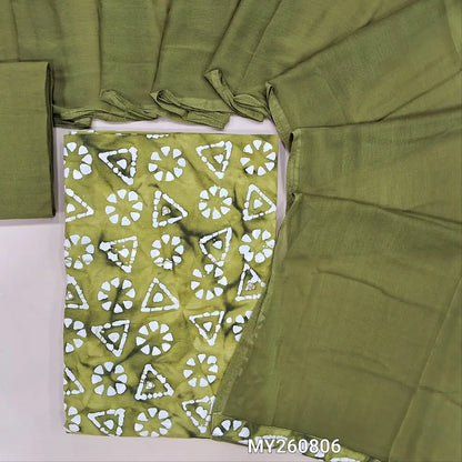 Olive green wax batik dyed pure soft cotton unstitched salwar material( lining optional)faux mirror work all over,matching cotton fabric provided for bottam,fancy chiffon dupatta. MY260806