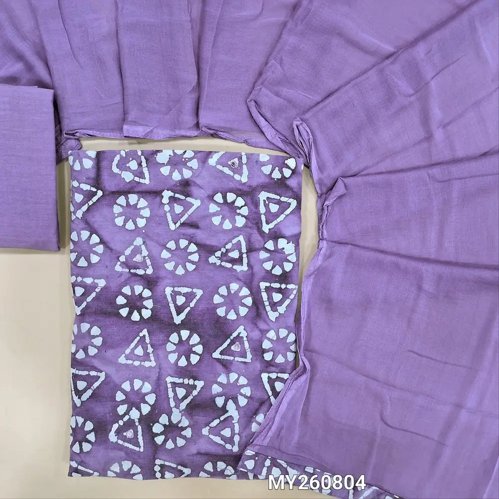 Lavender wax batik dyed pure soft cotton unstitched salwar material( lining optional)faux mirror work all over,matching cotton fabric provided for bottam,fancy chiffon dupatta. MY260804