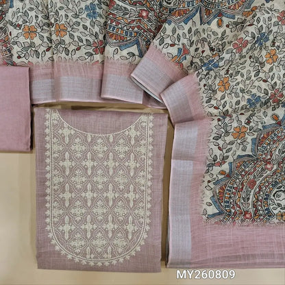 Mauve shade premium semi linen unstitched salwar material,rich embroidery work on yoke,( textured,lining optional)matching santoom bottom,madhubani printed semi linen dupatta with silver tissue pallu. MY260809