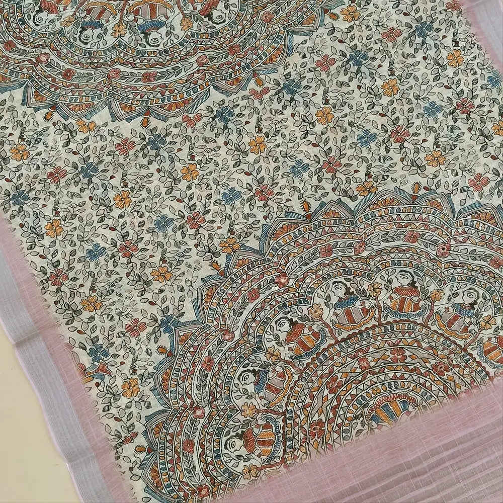 Mauve shade premium semi linen unstitched salwar material,rich embroidery work on yoke,( textured,lining optional)matching santoom bottom,madhubani printed semi linen dupatta with silver tissue pallu. MY260809