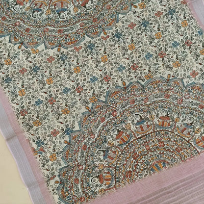 Mauve shade premium semi linen unstitched salwar material,rich embroidery work on yoke,( textured,lining optional)matching santoom bottom,madhubani printed semi linen dupatta with silver tissue pallu. MY260809