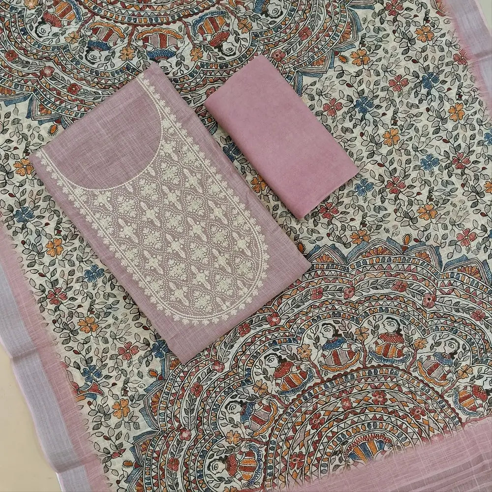Mauve shade premium semi linen unstitched salwar material,rich embroidery work on yoke,( textured,lining optional)matching santoom bottom,madhubani printed semi linen dupatta with silver tissue pallu. MY260809