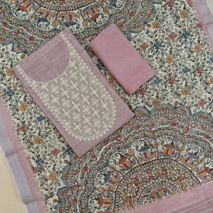 Mauve shade premium semi linen unstitched salwar material,rich embroidery work on yoke,( textured,lining optional)matching santoom bottom,madhubani printed semi linen dupatta with silver tissue pallu. MY260809