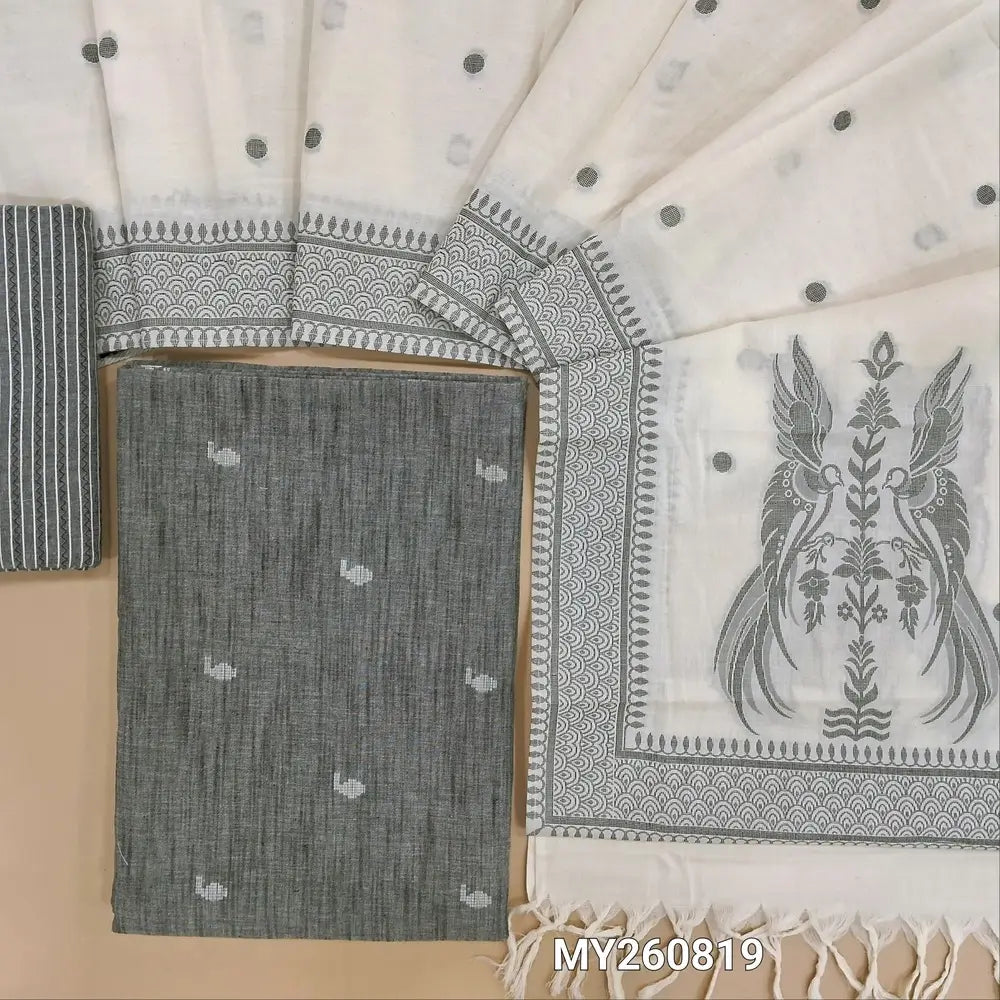 Grey premium handloom cotton unstitched salwar material,thread woven all over,(lining optional)thread weaving handloom cotton bottom,jamdani weaving on soft mul cotton dupatta. MY260819
