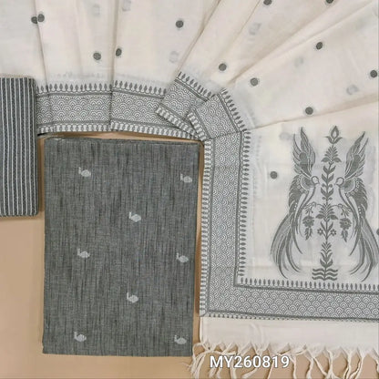 Grey premium handloom cotton unstitched salwar material,thread woven all over,(lining optional)thread weaving handloom cotton bottom,jamdani weaving on soft mul cotton dupatta. MY260819