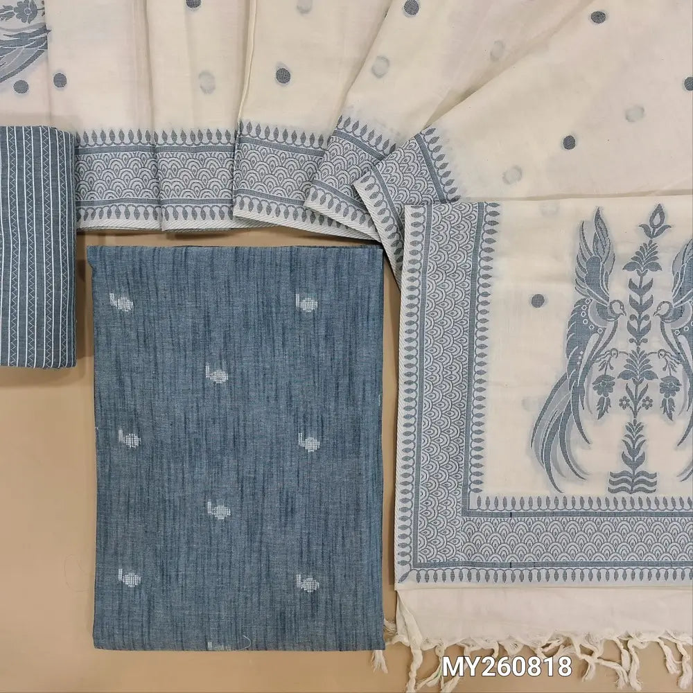 Denim blue premium handloom cotton unstitched salwar material,thread woven all over,(lining optional)thread weaving handloom cotton bottom,jamdani weaving on soft mul cotton dupatta. MY260818