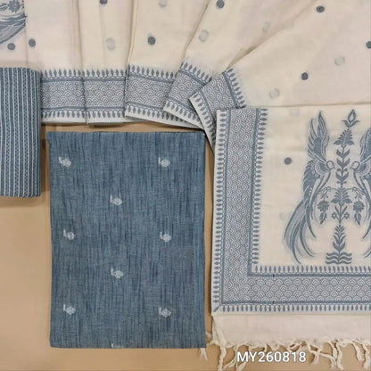 Denim blue premium handloom cotton unstitched salwar material,thread woven all over,(lining optional)thread weaving handloom cotton bottom,jamdani weaving on soft mul cotton dupatta. MY260818
