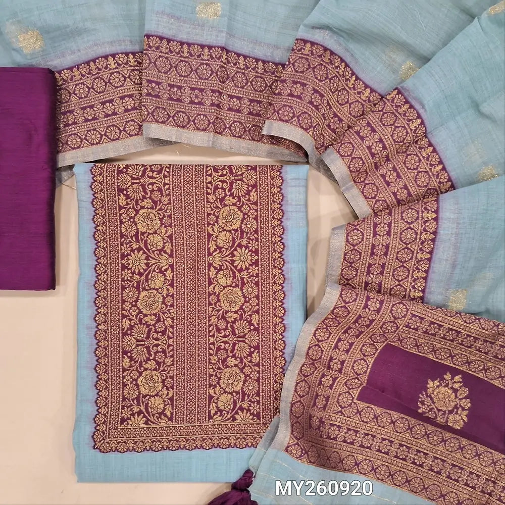 Light blueish grey silk cotton unstitched salwar material (Lining needed) contrast rich benarasi zari weaving yoke and daman,rani pink silk cotton bottom, benarasi woven borders on silk cotton full length dupatta. MY260920