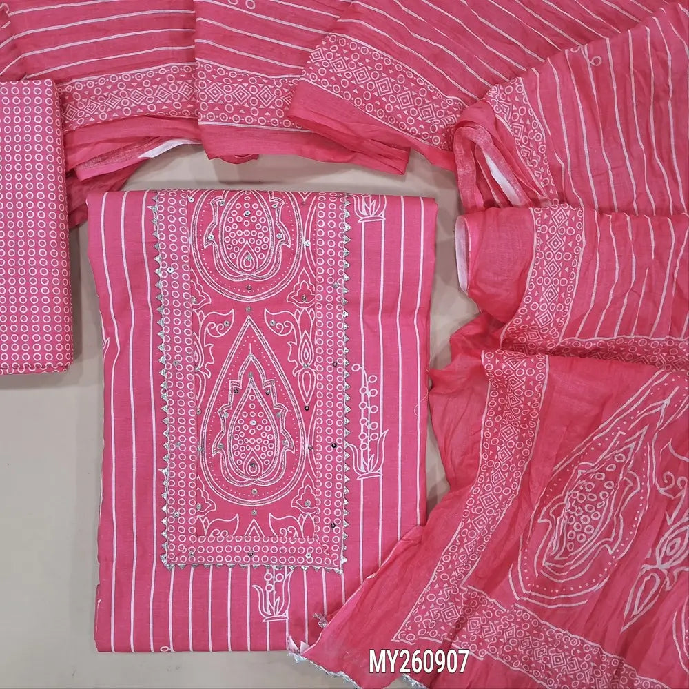 Bright pink soft cotton unstitched salwar material, panel design,printed yoke with sequins and lace work (lining optional)printed cotton bottom,printed crinkled mul cotton dupatta with lace tapping. MY260907