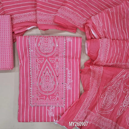 Bright pink soft cotton unstitched salwar material, panel design,printed yoke with sequins and lace work (lining optional)printed cotton bottom,printed crinkled mul cotton dupatta with lace tapping. MY260907