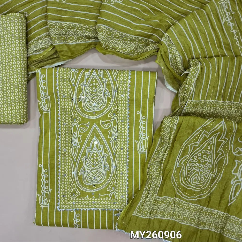 Mehandhi green soft cotton unstitched salwar material, panel design,printed yoke with sequins and lace work (lining optional)printed cotton bottom,printed crinkled mul cotton dupatta with lace tapping. MY260906