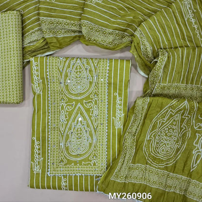 Mehandhi green soft cotton unstitched salwar material, panel design,printed yoke with sequins and lace work (lining optional)printed cotton bottom,printed crinkled mul cotton dupatta with lace tapping. MY260906