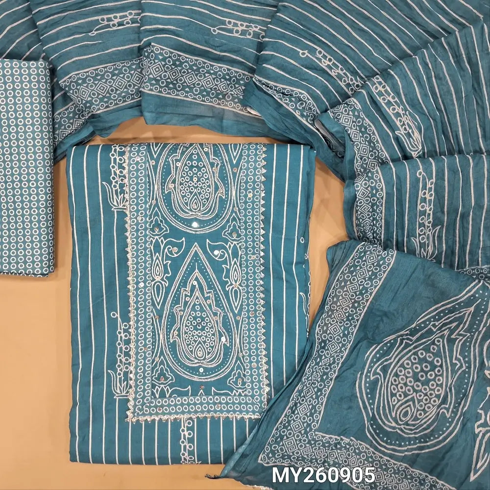 Powder blue soft cotton unstitched salwar material, panel design,printed yoke with sequins and lace work (lining optional)printed cotton bottom,printed crinkled mul cotton dupatta with lace tapping. MY260905