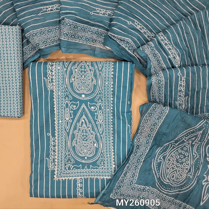 Powder blue soft cotton unstitched salwar material, panel design,printed yoke with sequins and lace work (lining optional)printed cotton bottom,printed crinkled mul cotton dupatta with lace tapping. MY260905
