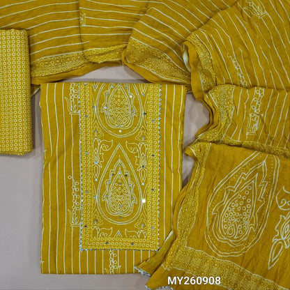 Mehandhi yellow soft cotton unstitched salwar material, panel design,printed yoke with sequins and lace work (lining optional)printed cotton bottom,printed crinkled mul cotton dupatta with lace tapping. MY260908