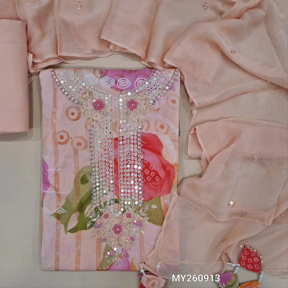 Light peachish pink pure soft cotton unstitched salwar material,zarodzi and embroidery work on yoke,multicoloured floral printed all over(lining needed)drum dyed fabric provided for lining, NO BOTTOM, thread and sequins work on chiffon dupatta. MY260913