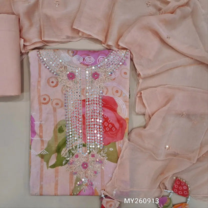 Light peachish pink pure soft cotton unstitched salwar material,zarodzi and embroidery work on yoke,multicoloured floral printed all over(lining needed)drum dyed fabric provided for lining, NO BOTTOM, thread and sequins work on chiffon dupatta. MY260913