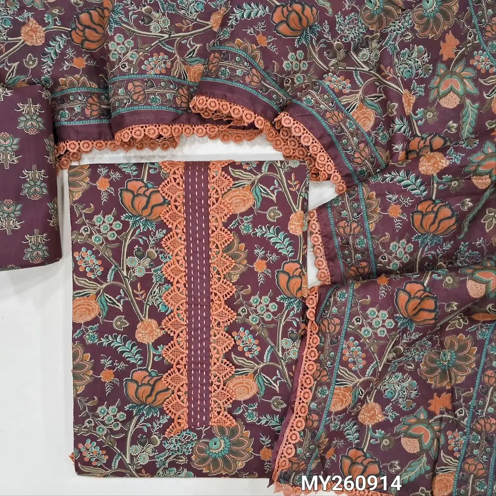 Dark maroon floral printed premium cotton unstitched salwar material, panel design,kantha stitch and lace work daman,(lining needed)printed cotton bottom,printed full length mul cotton dupatta with lace tapping. MY260914