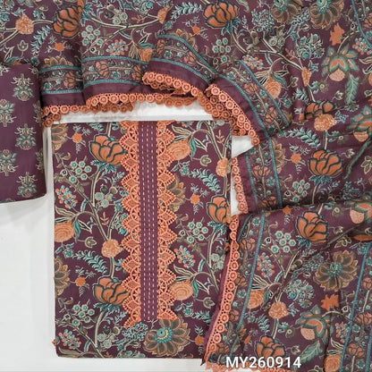 Dark maroon floral printed premium cotton unstitched salwar material, panel design,kantha stitch and lace work daman,(lining needed)printed cotton bottom,printed full length mul cotton dupatta with lace tapping. MY260914