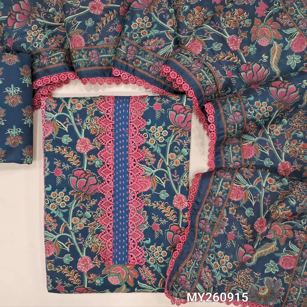 Dark blue floral printed premium cotton unstitched salwar material, panel design,kantha stitch and lace work daman,(lining needed)printed cotton bottom,printed full length mul cotton dupatta with lace tapping. MY260915
