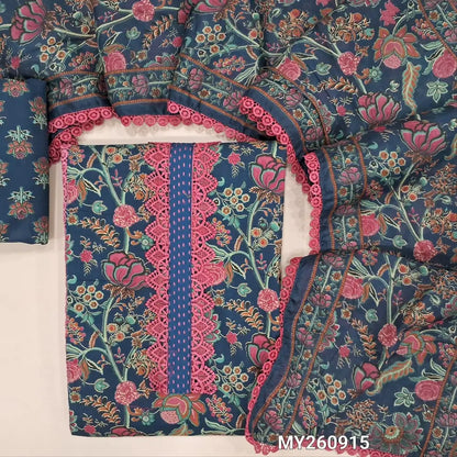 Dark blue floral printed premium cotton unstitched salwar material, panel design,kantha stitch and lace work daman,(lining needed)printed cotton bottom,printed full length mul cotton dupatta with lace tapping. MY260915
